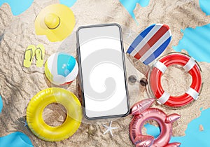 Phone Mockup Between Summer Beach Accessories 3D Rendering