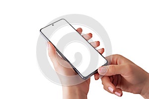 Phone mockup in woman hands close-up. Isolated hands and phone screen