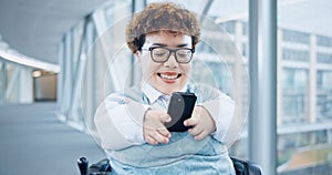 Phone, office and business woman in wheelchair online for social media, networking and connection. Modern workplace