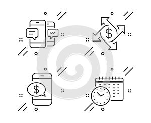 Phone payment, Payment exchange and Smartphone sms icons set. Calendar time sign. Vector
