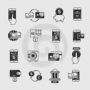 Phone payment, mobile internet banking, electronic money transfer vector icons