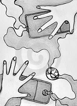 Phone people communication. Sketch monochrome hands and phones
