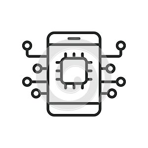 Phone processor chip, icon in line design. Phone, processor, chip, technology, mobile, circuit, hardware on white photo