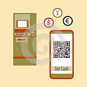 Phone with qr code, ATM cash withdrawal. Vector