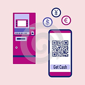 Phone with qr code, ATM cash withdrawal. Vector