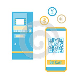 Phone with qr code, ATM cash withdrawal. Vector