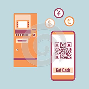 Phone with qr code, ATM cash withdrawal. Vector