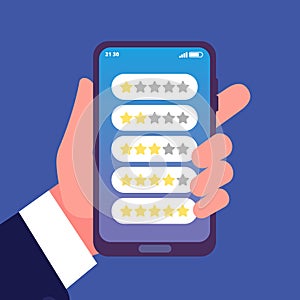 Phone rating scales. Hand holding smartphone, feedback or review stars vector concept