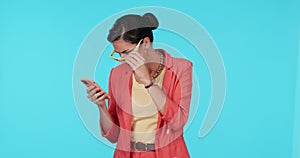 Phone, reading scam and confused woman with surprise, shock or frustrated with announcement, fake news or notification