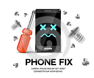 Phone repair fix poster background vector illustration. phone with screwdriver and screws