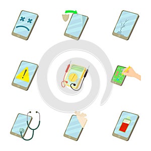 Phone repair service icons set, cartoon style