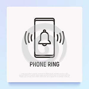 Phone ring: bell ringing on mobile screen thin line icon. Modern vector illustration