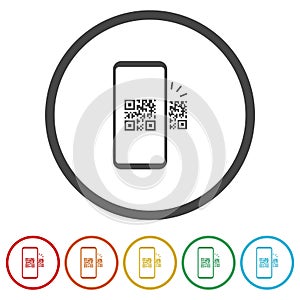 Phone scan qr price code icon. Set icons in color circle buttons