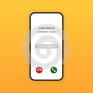 Phone screen incoming call mockup. Mobile interface accept decline buttons slide to answer on yellow background. Vector ui design