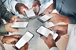 Phone screen mockup, circle or hands of business people on social media searching online news. Mobile app post, digital