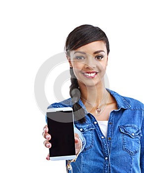 Phone screen, portrait or girl in studio with mockup for social network, search or info on white background. Smartphone