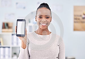 Phone screen, technology and black woman with advertising mockup, mobile app and ads in portrait. Information, UX design