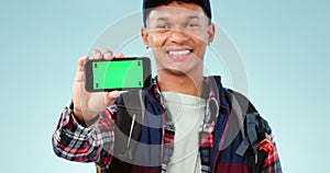 Phone screen, technology and man with advertising mockup, travel app and ads isolated on blue background. Tracking