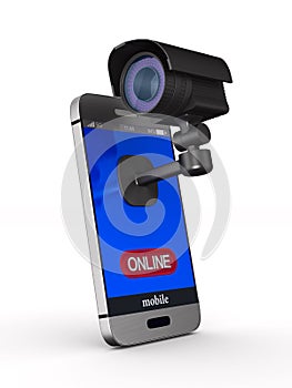 Phone and security camera on white background. Isolated 3D illustration