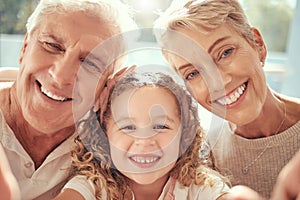 Phone selfie, grandparents and girl child family love to smile, happy and bonding together in support, care and