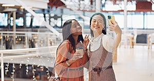 Phone selfie, women and friends with peace sign at mall taking pictures for social media. Bokeh, hand gesture and girls