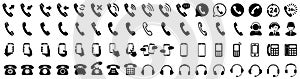 Phone set buttons. Various phone related icon sets. Call, mobile, smartphone, telephone, device, gadget, contact icons