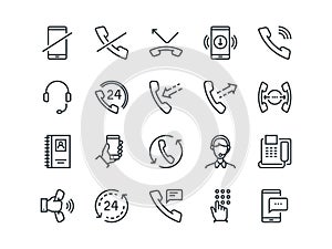 Phone. Set of outline vector icons. Includes such as Calls, Online Support, Mobile Phone and more. Editable Stroke