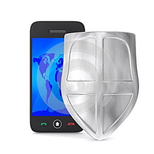 Phone and shield on white background