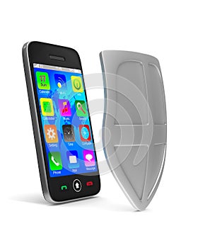 Phone and shield on white background