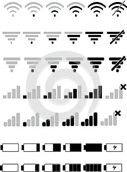 Phone signal and battery icons. Vector mobile interface top bar icon set for network signals and telephone charge levels status