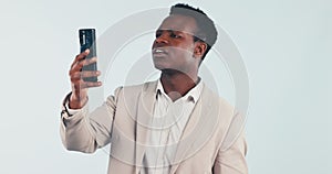 Phone, signal and black man in studio with no connection, network service and mobile problem. Business, professional and