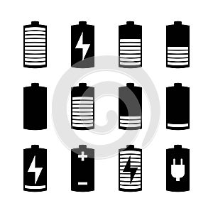 Phone or smartphone battery icons with various charges from fully charged to empty. Isolated on the white background
