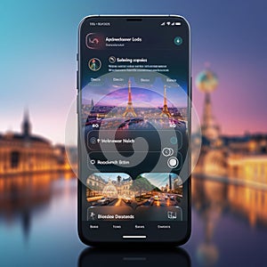 Phone X smartphone with Paris skyline on the screen