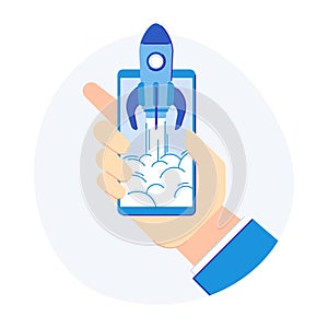 Phone startup concept. Cellphone rocketship for new product development release. Flat vector illustration
