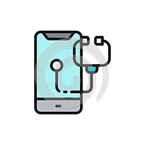 Phone with stethoscope, smartphone repair, doctor online flat color line icon.