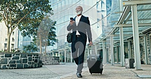 Phone, suitcase and businessman walking in city for corporate work trip flight by airport. Travel, luggage and