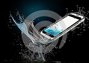 The phone is surrounded by water.