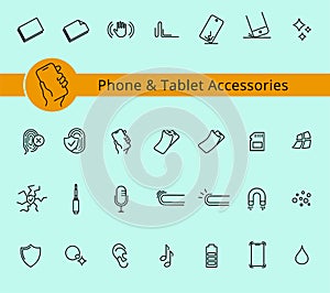 Phone and Tablet covers and accessories properties icon set, . Thine line icons. Editable strokes, EPS 10. Button protection