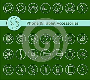 Phone and Tablet covers and accessories properties icon set, vector. Thine line icons. Editable strokes, EPS 10. Button protection