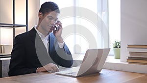 Phone Talk, Black Businessman Attending Call at Work