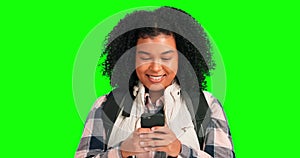 Phone, thinking and gps with a woman on a green screen background in studio for hiking navigation. Mobile, contact and