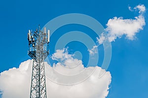 Phone tower antenna with blue sky and cloud background