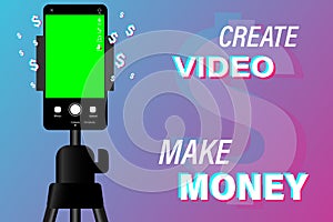 Phone on tripod. People broadcasting, stream on smartphone. Video blog recording. Create video & make money.
