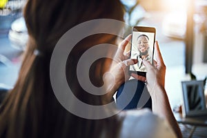 Phone, video call and woman speaking to man with zoom screen communication app with 5g network or home wifi connection