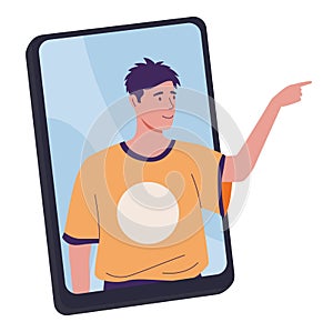 Phone video call. Young man at smartphone screen. Communication technology. Mobile application. Guy pointing finger