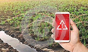 A phone and a warning sign on the background of leek and young cabbage plantations. Agribusiness. Harmful pesticides