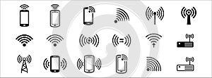 phone wireless internet data connection vector icon set. contains icon as wifi, tethering, data transfer, modulator demodulator,