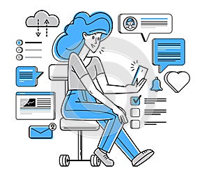 Phone working online person doing some job vector outline illustration, smartphone remote virtual working freelancer or a part of
