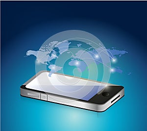 Phone and world map network connection