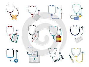 Phonendoscope stethoscope icons set, flat style